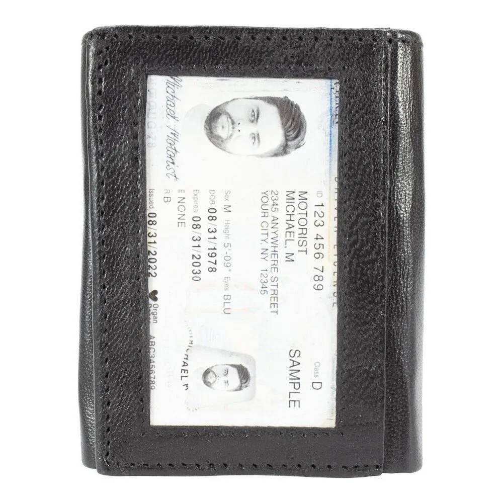 Men Trifold Wallet, Lambskin Leather Wallet Black